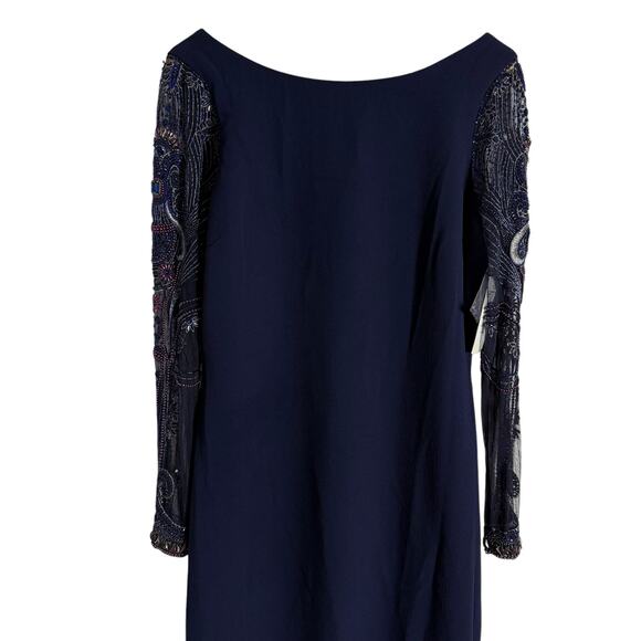 Badgley Mischka Navy Blue Beaded Long Sleeve Bateau Neck Train Gown Size 12 - Picture 5 of 16